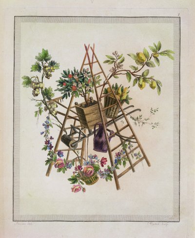 Ein Gartentextildesign, aus Oeuvre contenant un Receuil de Trophees, Attributs, Cartouches, Vases, Fleurs, Ornemens, et Plusieurs Dessins agréables pour broder des Fauteuils, graviert von Etienne C von Pierre Ranson
