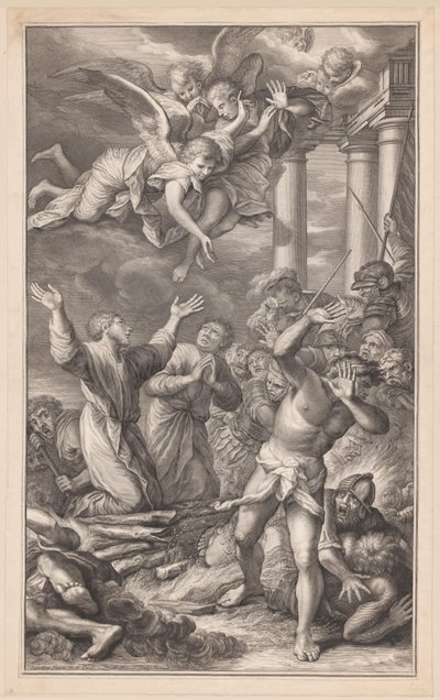 Kosmas und Damian auf dem Scheiterhaufen, umgeben von Soldaten und Engeln von Pierre Simon (I)