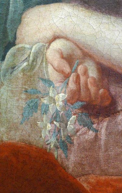 Hand einer jungen Frau, die einen blühenden Zweig hält. Detail des Porträts von Madame Poulhariex und ihrer Tochter, um 1728 von Pierre Subleyras