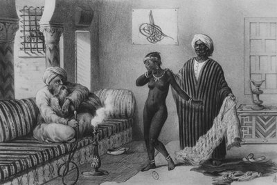 Ein junges Mädchen aus Timbuktu wird 1854 von einem Sklavenmeister in Tripolis angeboten, aus "Voyages au Soudan et dans L