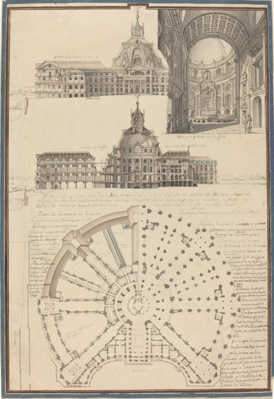 Plan und drei Ansichten einer runden Kirche von Pierre Varin