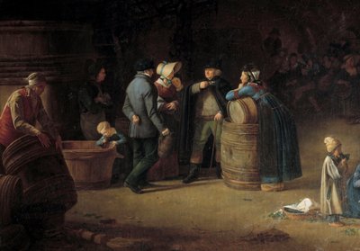 Eigentümer besucht seinen Keller in Burgund. Ein Winzer kontrolliert den Zustand der Weinproduktion in seinem Weinberg. Detail. Gemälde von Jean Baptiste Olagnon, 19. Jahrhundert von Pierre Victor Olagnon
