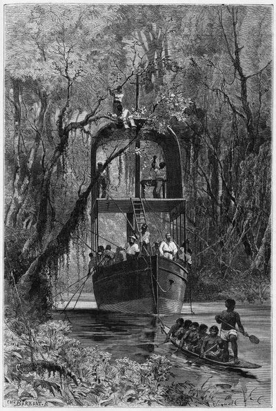 Ein Floßboot, ausgeliehen vom Entdecker, um den oberen Samiria (Peru) hinunterzufahren. Gravur von Vignal zur Illustration der Geschichte Amazon und Cordilleres von Pierre Vignal
