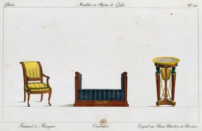 Armlehnsessel, Loveseat und Dreibeintisch, Tafel 211, Illustration aus Collection de meubles et objects de gout von Pierre de La Mesangere