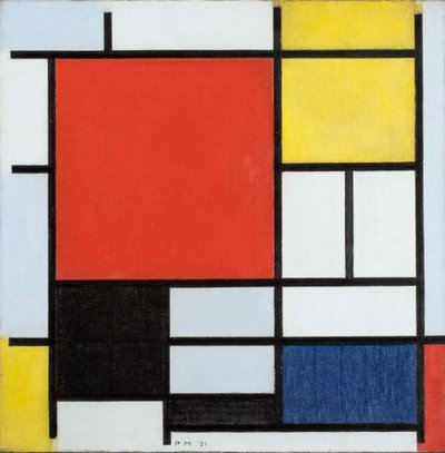 Komposition mit großer roter Fläche, gelb, schwarz, grau und blau, 1921 von Piet Mondrian