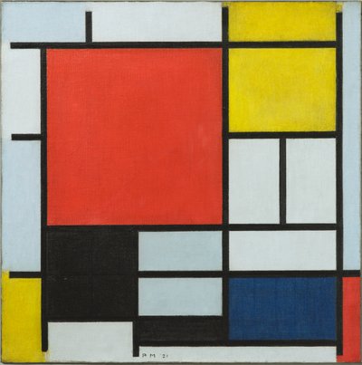 Komposition mit großer roter Fläche, gelb, schwarz, grau und blau, 1921 von Piet Mondrian