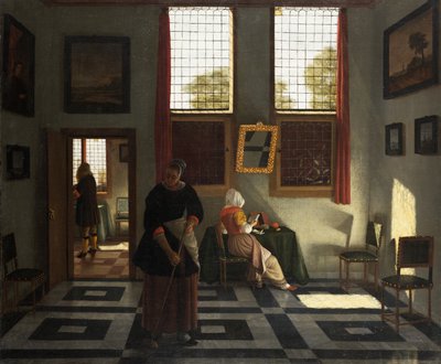 Innenraum mit Maler, lesender Frau und kehrender Magd, ca. 1665-70 von Pieter (1623 82) Janssens