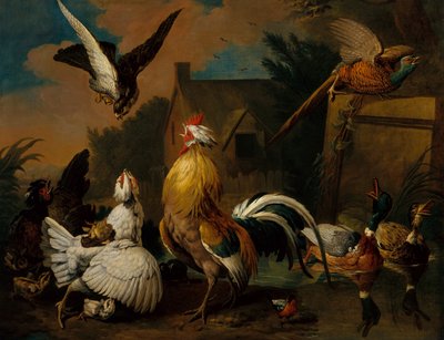 Ein Falke greift Geflügel auf einem Bauernhof an von Pieter (after) Casteels
