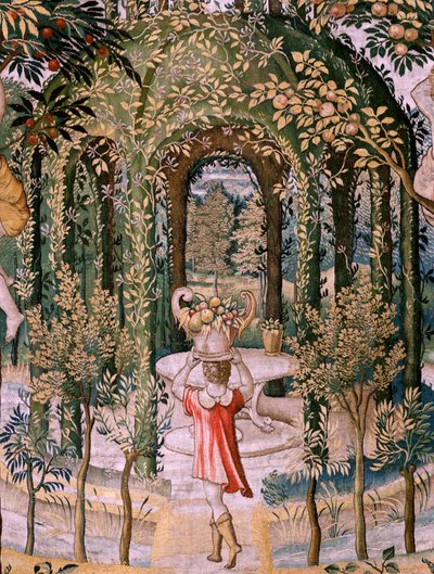 Flämischer Wandteppich. Serie Vertumnus und Pomona; Vertumnus verwandelt sich in einen Gärtner. Fünfter Wandteppich in der Serie. Modell Kreis von Pieter Coecke Van Aelst und Léonard Thiry. Herstellung Unbekannte Werkstatt, Brüssel, vor 1560. von Pieter (circle of) Coecke van Aelst