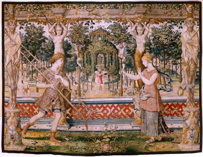 Vertumnus und Pomona; Vertumnus verwandelt sich in einen Gärtner. Fünfter Wandteppich der Serie. von Pieter (circle of) Coecke van Aelst