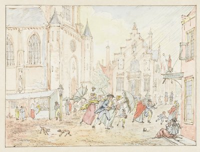Platz mit Menschen im Regen von Pieter Bartholomeusz. Barbiers