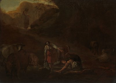 Ein Schäfer und Wäscherinnen an einer Quelle von Pieter Bodding van Laer