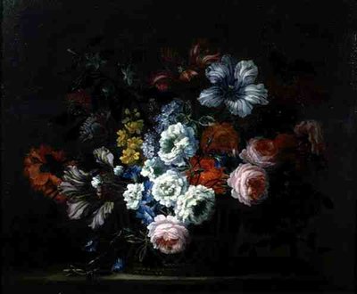 Stillleben von Rosen, Pfingstrosen, Tulpen und Prunkwinde in einem Korb von Pieter Casteels