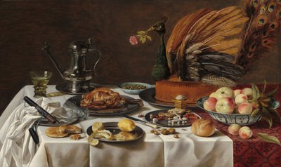 Stillleben mit einem Pfauenkuchen von Pieter Claesz