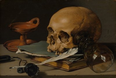 Stillleben mit einem Schädel und einer Schreibfeder, 1628 von Pieter Claesz