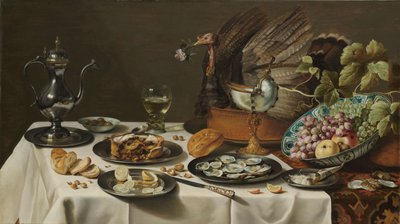 Stillleben mit einem Truthahnkuchen von Pieter Claesz