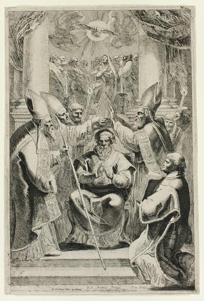 Weihe des Bischofs von Noyon mit Pfingstszene darüber von Pieter Claesz. Soutman