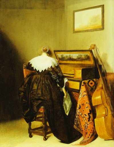 Eine sitzende Dame von hinten vor einem Virginal von Pieter Codde
