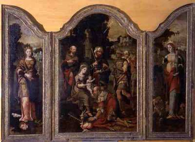 Triptychon, das die Anbetung der Heiligen Drei Könige und zwei Heilige darstellt von Pieter Coecke van Aelst
