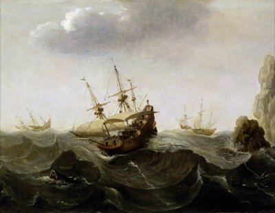 Ein Boot in einem stürmischen Meer, mit Booten, die vor dem Sturm fliehen, und rechts ragen Felsen aus dem Wasser. Öl auf Holz, um 1620, von Cornelisz Verbeecq (1590-1637) von Pieter Cornelisz. Verbeeck