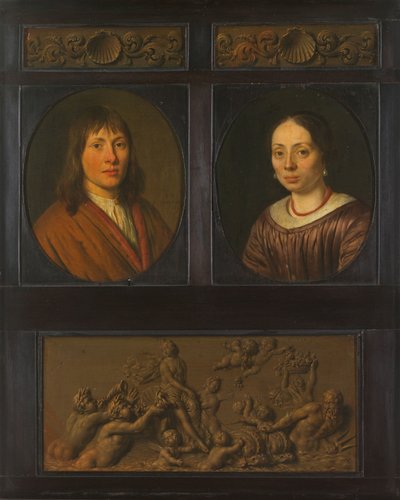 Porträts eines Mannes und einer Frau, eingerahmt mit zwei ornamentalen Friesminiaturen mit Muschelmotiv und einem Triumph der Amphitrite von Pieter Cornelisz. van Slingelandt