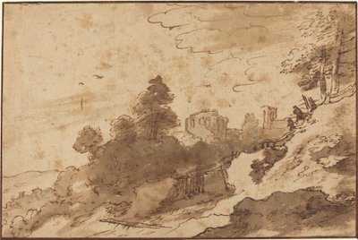 Landschaft mit Brücke und Ruinen im Hintergrund von Pieter Dircksz Santvoort