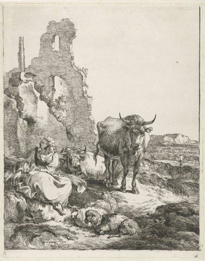 Landschaft mit stehender und liegender Kuh und Schäferin vor einer Ruine von Pieter Gerardus van Os