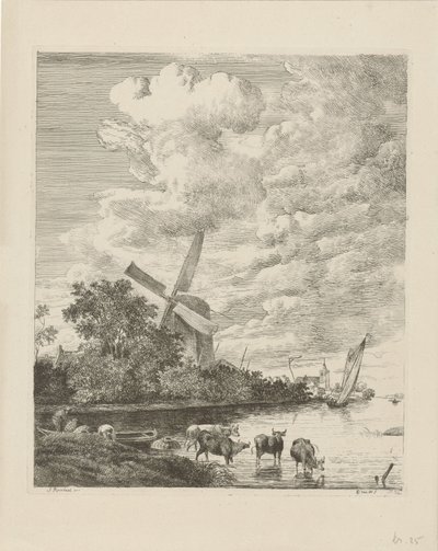 Flusslandschaft mit Mühle und Kühen im Wasser von Pieter Gerardus van Os