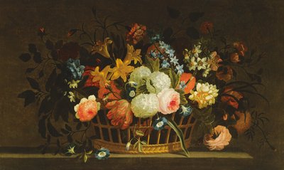 Stillleben mit Blumen in einem Korb auf einem Steinsims von Pieter Hardime