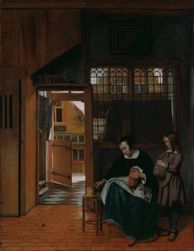 Eine Frau bereitet Brot und Butter für einen Jungen vor von Pieter Hooch de