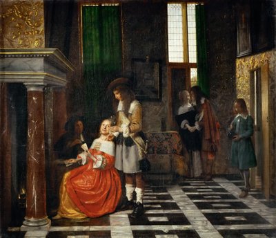 Kartenspieler in einem opulenten Innenraum von Pieter Hooch de
