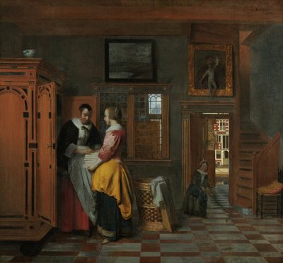 Innenraum mit Frauen neben einer Wäschetruhe, 1663 von Pieter Hooch de