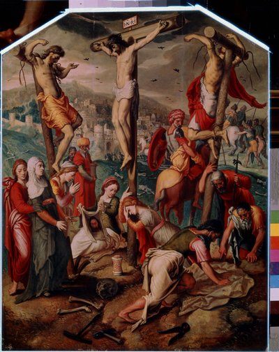 Kalvarienberg. Auf Golgatha, Jesus Christus gekreuzigt mit den beiden anderen zum Tode Verurteilten. Er trägt das Schild INRI auf dem Kreuz. Am Fuß weint die heilige Maria Magdalena um den Tod Jesu, ihr Flakon ist auf den Boden gefallen. Heilige Veronika von Pieter I Pietersz