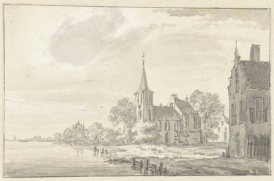 Dorfkirche und Häuser an einem Fluss von Pieter Jan van Liender