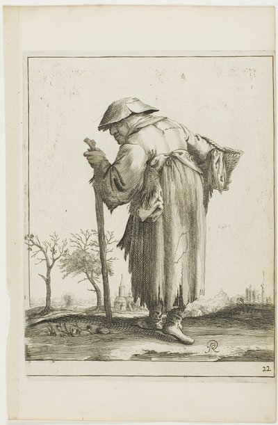 Marschierende Bettlerin mit einem Korb, aus T is al verwart-gaern von Pieter Jansz. Quast