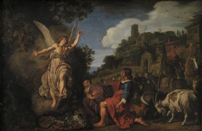 Der Engel Raphael verabschiedet sich von dem alten Tobit und seinem Sohn Tobias von Pieter Lastman