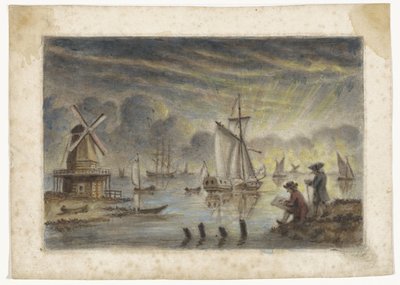 Küstenansicht mit Schiffen, Mühle und einem Zeichner von Pieter Louw (attributed to)