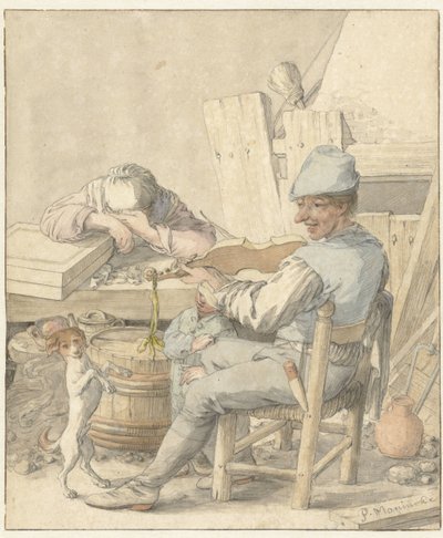 Interieur mit geigenden Mann, schlafender Frau und tanzendem Hund von Pieter Moninckx