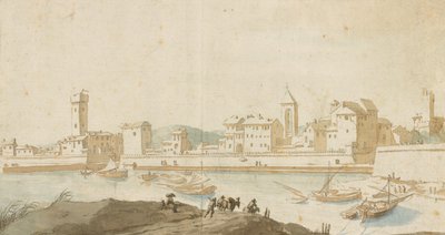Ansicht von Civitavecchia mit der Hafenmauer von Pieter Moninckx