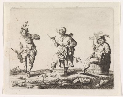Tanzender Bauer und Bäuerin und ein Mann auf einem Fass von Pieter Nolpe