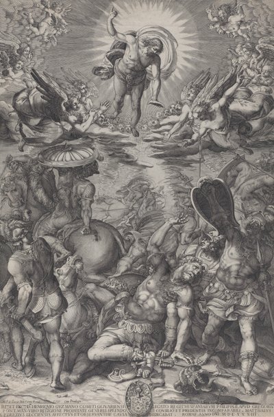 Die Bekehrung des Saulus, der auf dem Boden liegt, umgeben von Pferden und Soldaten, als Christus, 1583 von Pieter Perret