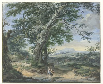 Hügelige Landschaft mit schweren Bäumen und menschlicher Staffage von Pieter Pietersz. Barbiers