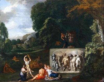 Klassische Landschaft mit tanzenden Mädchen bei einem Sarkophag, der den Triumph des Silenus darstellt von Pieter Rysbrack
