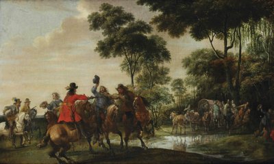 Straßenräuber überfallen einen Kippwagen an einem Waldstrom von Pieter Snayers