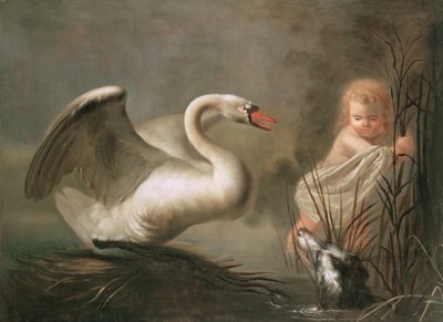 Ein Schwan bewacht sein Nest vor einem Kind und einem Spaniel von Pieter Snyers