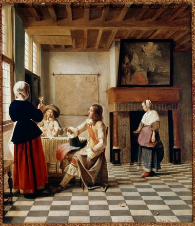 Niederländisches Interieur. Eine Frau trinkt mit zwei Männern am Tisch von Pieter de Hooch