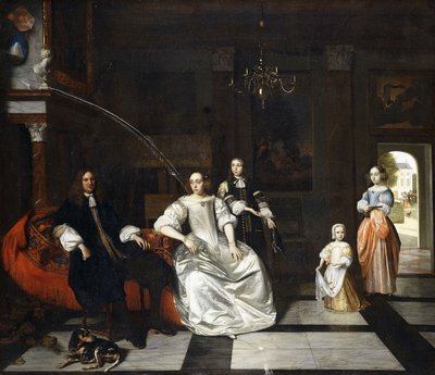 Gruppenporträt der Familie Jacott-Hoppesack mit einem Hund in einem prächtigen klassischen Interieur, eine Dame und ein Herr spazieren durch eine Tür im Park von Pieter de Hooch