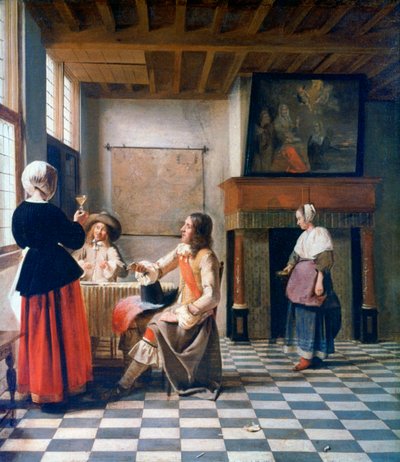 Innenraum, Frau trinkt mit zwei Männern und einer Dienstmagd, um 1658 von Pieter de Hooch