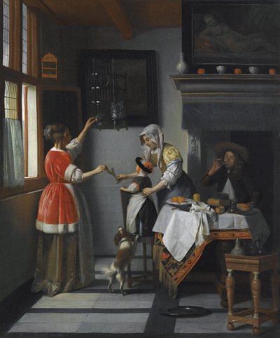 Interieur mit einem Kind, das einen Papagei füttert von Pieter de Hooch
