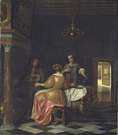 Interieur mit einem Gentleman und zwei Damen im Gespräch, ca. 1668-70 von Pieter de Hooch